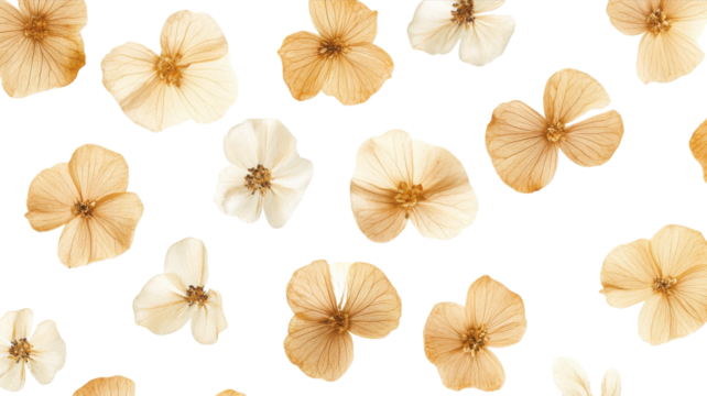 Delicate arrangement of pressed flowers on a white background showcasing their intricate details and natural beauty