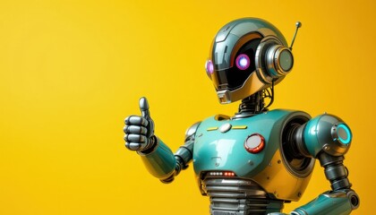 Fototapeta premium Robot giving a thumbs up on yellow, a positive android sign.