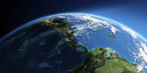 Highly detailed Earth with atmosphere, exaggerated relief and light-flooded cities. Transition from night to day. The countries of Central America. 3D rendering. Elements of this image furnished by NASA