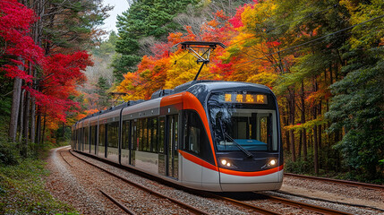 Naklejka premium Autumn train journey through vibrant forest. Travel, nature, scenic, transport, foliage