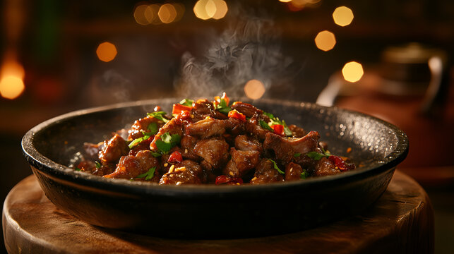 Sizzling plate of Sichuan-style dry-fried lamb with cumin