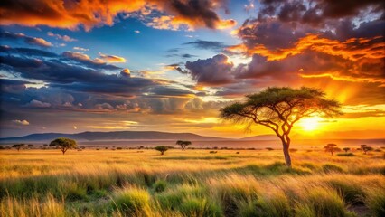 Fototapeta premium Golden hour paints the Serengeti, wildlife silhouetted against a fiery African sunset.