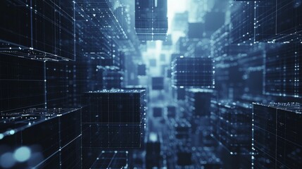 Obraz premium Futuristic digital landscape with glowing blue cubes symbolizing data and technology advancements, AI generated