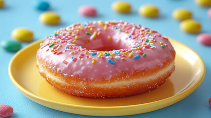Pink frosted donut with sprinkles on a yellow plate.
