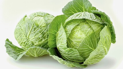Two green cabbages (Brassica oleracea Savoy) with detailed fresh vibrant leaves, AI generated