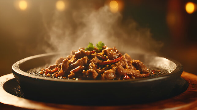 Sizzling plate of Sichuan-style dry-fried lamb with cumin