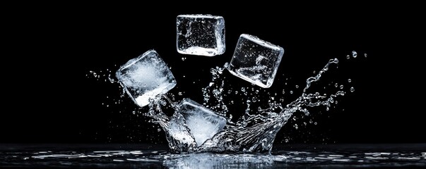 Artistic splash of water with scattered ice cubes, evoking cold, refreshing, and vibrant imagery for drinks or summer concepts