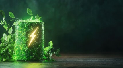 Sustainability Green Battery Green battery with a lightning bolt symbol, dark background, symbolizes clean energy and energy conservation