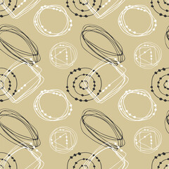 Hand drawn doodle pattern. Childrens drawing. Hand draws calligraphic curls, figures, circles with dots. Doodle beige background.
