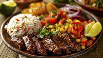 Grilled beef with rice, corn, and mixed vegetables with cilantro, AI generated