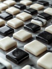 Black and white square cookies on marble surface.
