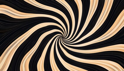 Black and beige abstract pattern of wavy lines in a spiral formation, perfect for retro, optical art, or creative visual concepts