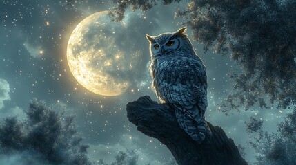 Enchanting vector graphic of a wise owl perched on a tree branch under a crescent moon, surrounded by stars, symbolizing wisdom and nocturnal beauty ::2 mystical aura, night sky, feathered details, 