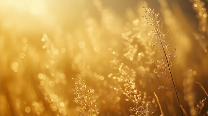 Fototapeta premium Golden Sunrise Meadow Grass Dew Drops Background