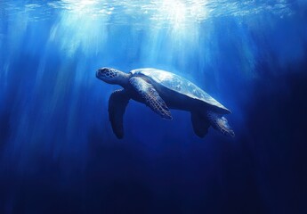 Fototapeta premium Graceful sea turtle gliding through vibrant blue waters, illuminated by sunbeams filtering from the surface, showcasing ocean natural beauty and marine life