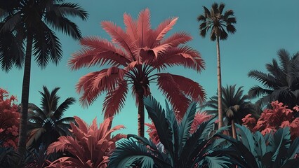 Tropical vintage botanical landscape, pink palm tree, banana tree, blue plant. Generative AI