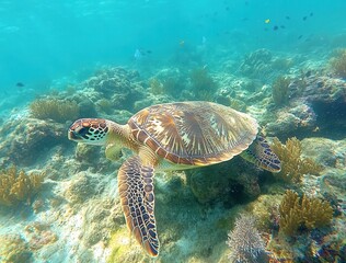 Fototapeta premium Graceful Sea Turtle Gliding Through Vibrant Coral Reef Underwater in Tropical Ocean Environment with Surrounding Marine Life