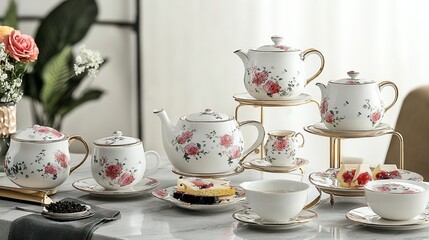 Fototapeta premium Floral Tea Set, Kitchen Table, Afternoon Tea, Roses, Elegant