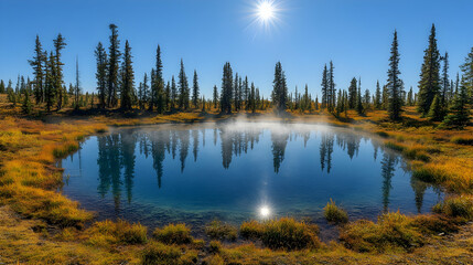 Obraz premium Autumnal mountain lake reflecting sun, misty morning, conifers, serene nature scene; perfect for travel brochure