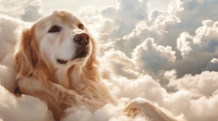 Golden Retriever surrounded by angelic clouds, symbolizing afterlife and peace. picture