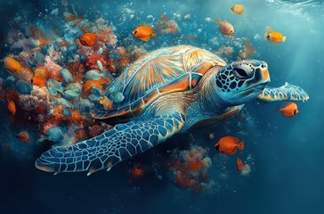 Fototapeta premium Graceful sea turtle gliding through vibrant coral reef with colorful fish swimming in clear blue ocean water, showcasing underwater ecosystem and marine life.
