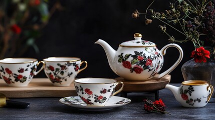 Floral Tea Set, Dark Background, Tabletop Still Life, Autumnal Setting, Home Decor
