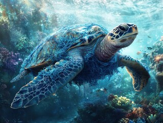 Fototapeta premium Graceful Sea Turtle Surrounded by Vibrant Coral Reef and Colorful Marine Life in Crystal Clear Water with Discarded Ocean Debris
