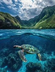 Obraz premium Graceful Sea Turtle Swimming Above Coral Reef in Crystal Clear Water Under Dramatic Sky and Lush Green Mountains