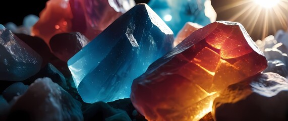 A mesmerizing close up of brightly colored salt crystals shimmering in the sunlight