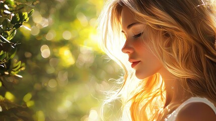 Fototapeta premium Golden Hour Beauty: A Woman's Serene Profile in Sunlight