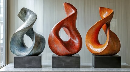 Trio of abstract wooden sculptures with flowing, organic shapes in red and black, AI generated