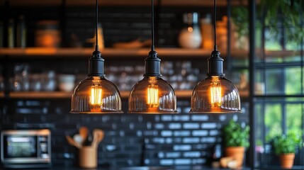 Obraz premium Industrial kitchen pendant lights illuminate