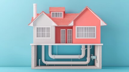 Cross-section view of a house and underground sewer pipe, highlighting residential infrastructure and water management systems