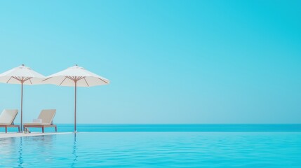 Fototapeta premium Luxury Infinity Pool Infinity pool overlooking a breathtaking ocean view, with lounge chairs and umbrellas on the deck