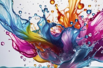 Dramatic paint splashes in pink, blue, and orange with water on a white background, AI generated