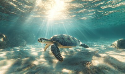 Obraz premium Graceful sea turtle swimming gracefully through sunlit underwater scene, showcasing natural beauty in a serene ocean environment with shimmering light rays