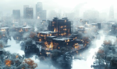 Futuristic island building, winter city fog, serene lights