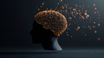 3D brain model with particles representing data flow and creativity, showcasing connection between thought and technology in modern design