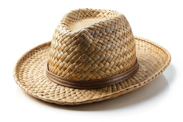 High-resolution tilt-shift image: isolated straw hat, white background, summer fashion accessory, clipping path included.