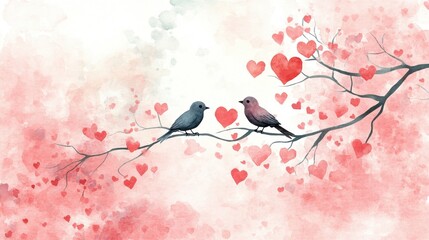 Lovebirds in a heart-themed watercolor scene romantic serene environment close-up