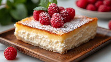 Cake slice topped with raspberries.