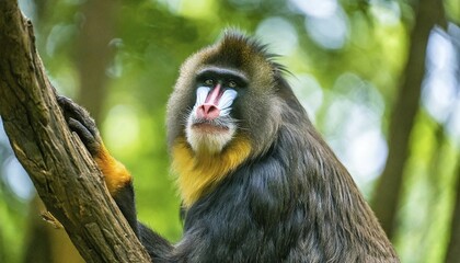 Fototapeta premium AI generated, animal, animals, mammal, mammals, biotope, habitat, a, individual, foraging, wildlife, mandrill (Mandrillus sphinx), climbs, tree