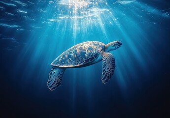 Fototapeta premium Graceful Sea Turtle Swimming in Crystal Clear Ocean Water Beneath Stunning Sunlight Rays Shining Through the Surface