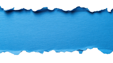 Horizontal torn blue paper piece with transparent background revealing checkered pattern. Transparent background