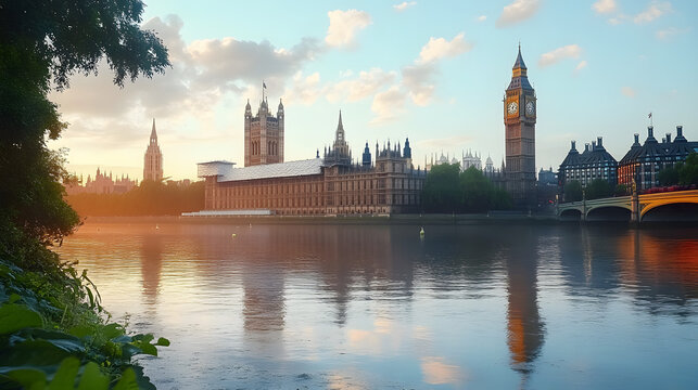 A beautiful view of the London skyline reflected in the water. The water is calm and the sky is clear