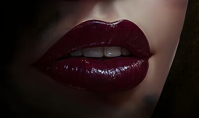Obraz premium Close-up glossy dark-red lips, smudged background, beauty ad
