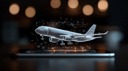 holographic interface displaying floating 3D model of airplane, showcasing advanced technology and innovation in aviation