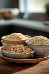 Various types of grains arranged elegantly in bowls on a wooden surface, showcasing their textures and colors in natural light