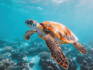 Obraz premium Graceful Sea Turtle Swimming in Crystal Clear Tropical Waters Over Vibrant Coral Reef Surrounded by Sunlight and Marine Life