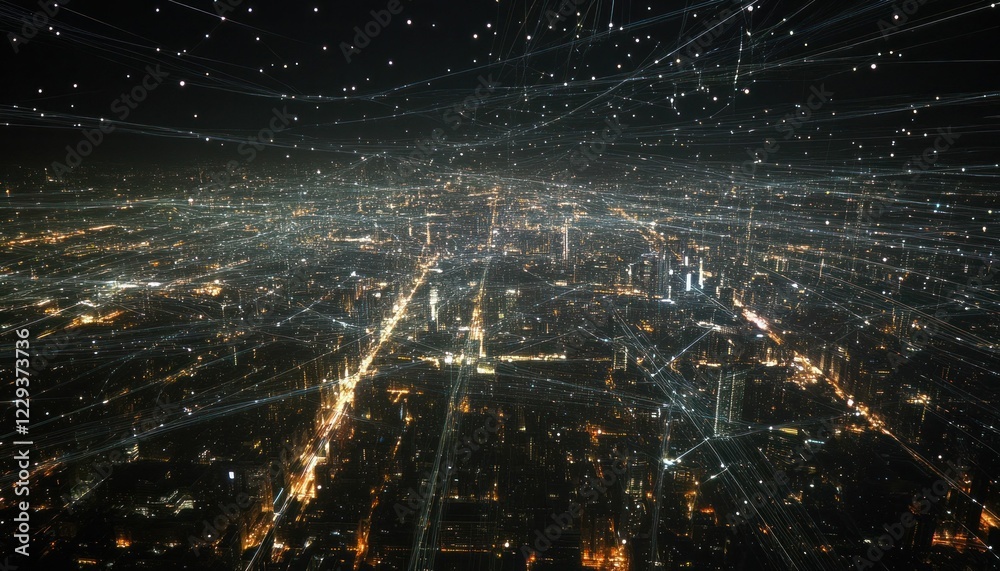 Poster abstract cityscape with data network and glowing light paths overlay visualization